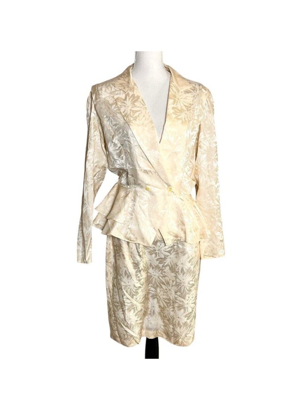 Vintage 80s 90s Argenti Silk 2 Pc Suit Ivory Floral Peplum Blazer Skirt M Bride